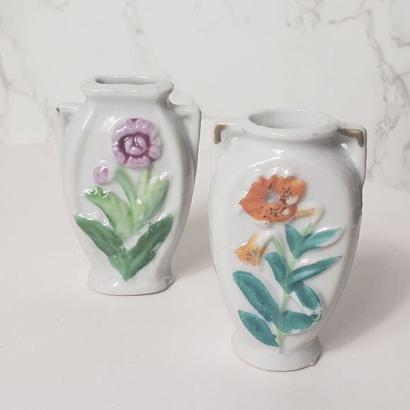VINTAGE Japan Miniature Porcelain Vases Set of 2 Mommy Pot - Picture 1 of 8